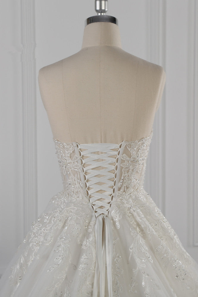 Elegant Strapless White Lace Wedding Dress Sleeveless Appliques Ruffle Bridal Gowns Online-27dress