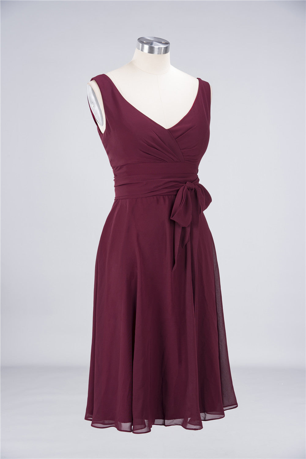 Load image into Gallery viewer, Elegant Straps V-Neck Ruffle Short Burgundy Bridesmaid Dress with Bow Sash-27dress

