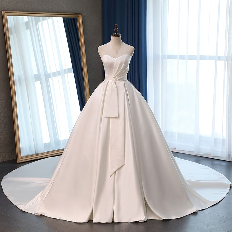 Elegant Sweetheart White Satin Wedding Dress A-line Ruffles Bridal Gowns On Sale-27dress