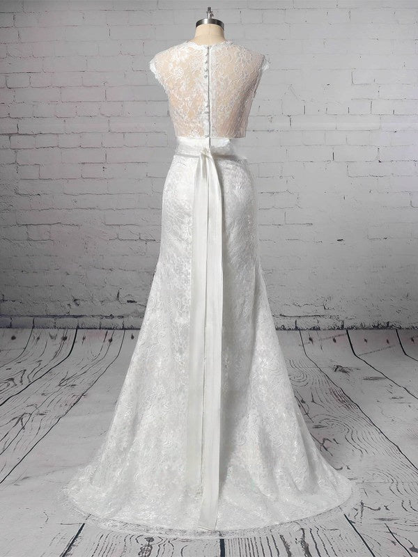 Elegant Trumpet/Mermaid V-neck Lace Wedding Dress with Sashes/Ribbons and Sweep Train