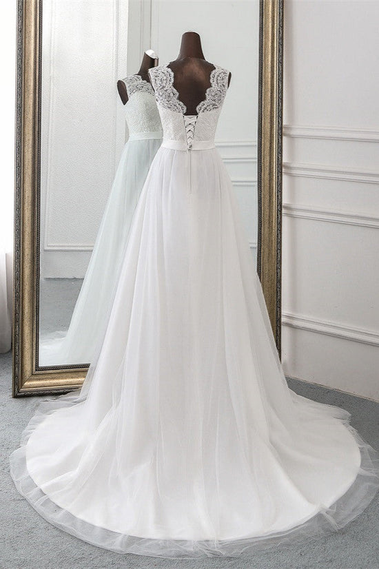 Elegant Tullace Jewel Sleeveless White Wedding Dresses with Appliques Online-27dress