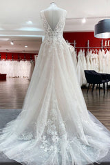 Elegant Tulle Deep V Neck Sleeveless Lace A-Line Weddding Dresses-27dress