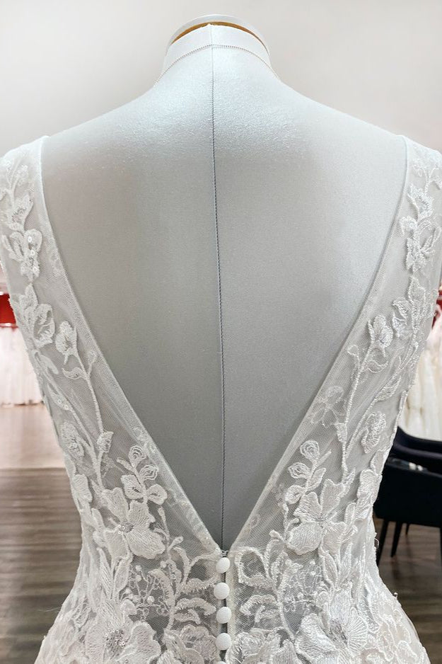 Elegant Tulle Deep V Neck Sleeveless Lace A-Line Weddding Dresses-27dress