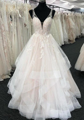 Elegant Long A-line Tulle V-Neck Layered Open Back Wedding Dresses
