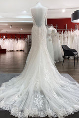 Elegant Tulle White Lace Sleeveless Mermaid Wedding Dresses Long-27dress