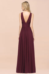 Elegant V-Neck Burgundy Chiffon Affordable Bridesmaid Dress with Ruffle-27dress