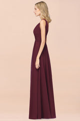 Elegant V-Neck Burgundy Chiffon Affordable Bridesmaid Dress with Ruffle-27dress