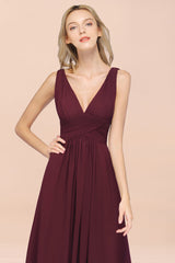 Elegant V-Neck Burgundy Chiffon Affordable Bridesmaid Dress with Ruffle-27dress