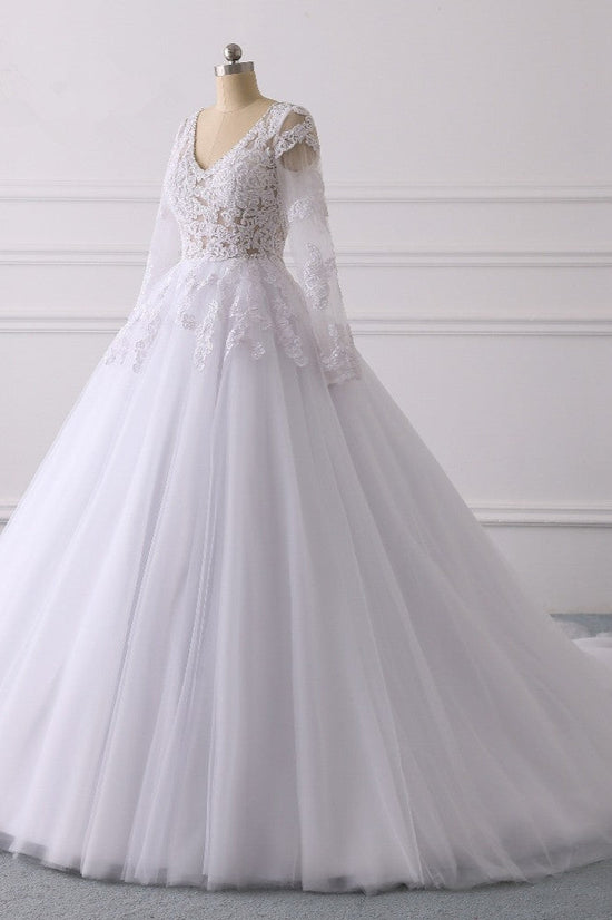 Elegant V-Neck Long Sleeves Wedding Dress White Tulle Lace Appliques Bridal Gowns On Sale-27dress