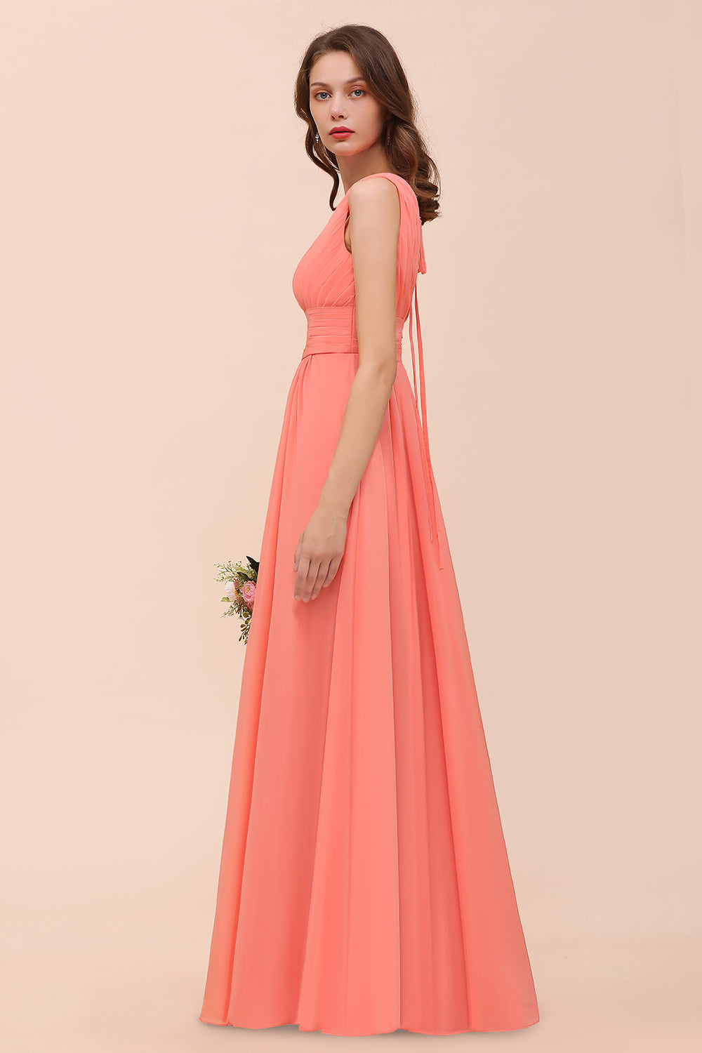 Elegant V-Neck Ruffle Coral Chiffon Affordable Bridesmaid Dresses Online-27dress