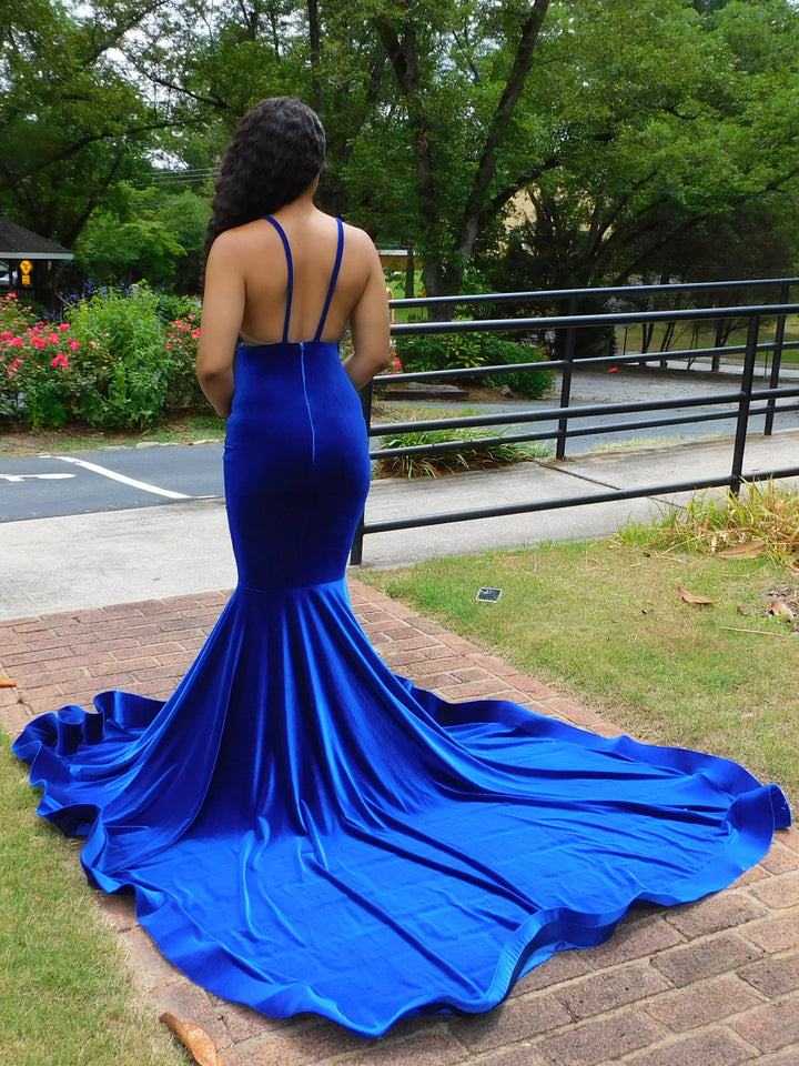 Elegant V Neck Spaghetti Strap Sleeveless Blue Mermaid Long Prom Dress