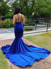 Elegant V Neck Spaghetti Strap Sleeveless Blue Mermaid Long Prom Dress