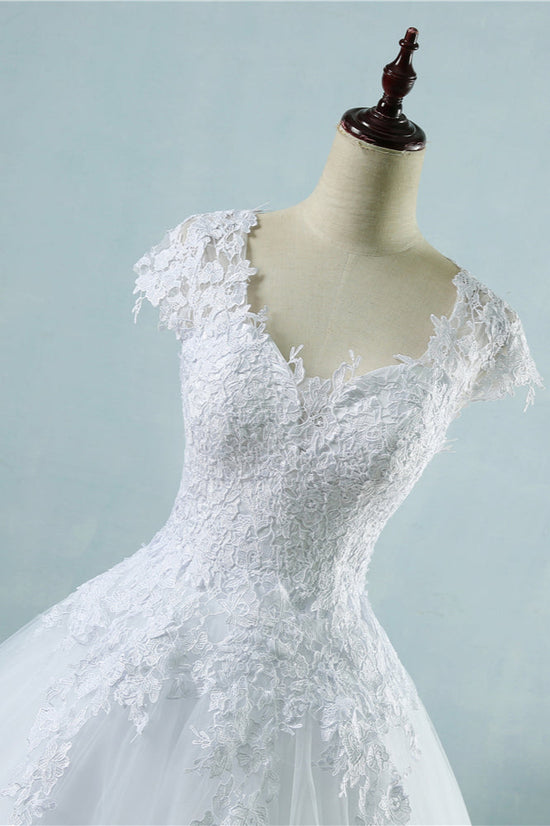 Elegant V-Neck Tull Lace White Wedding Dress Short Sleeves Appliques Bridal Gowns Online-27dress