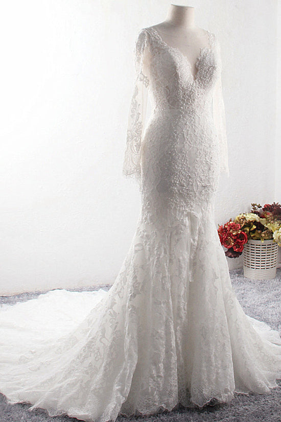 Elegant V-neck Tulle Lace Wedding Dress Long Sleeves Mermaid Appliques Bridal Gowns with Beadings Online-27dress