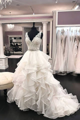 Elegant White Organza V-Neck Beaded Wedding Dress Ruffles Lace Bridal Gowns On Sale-27dress