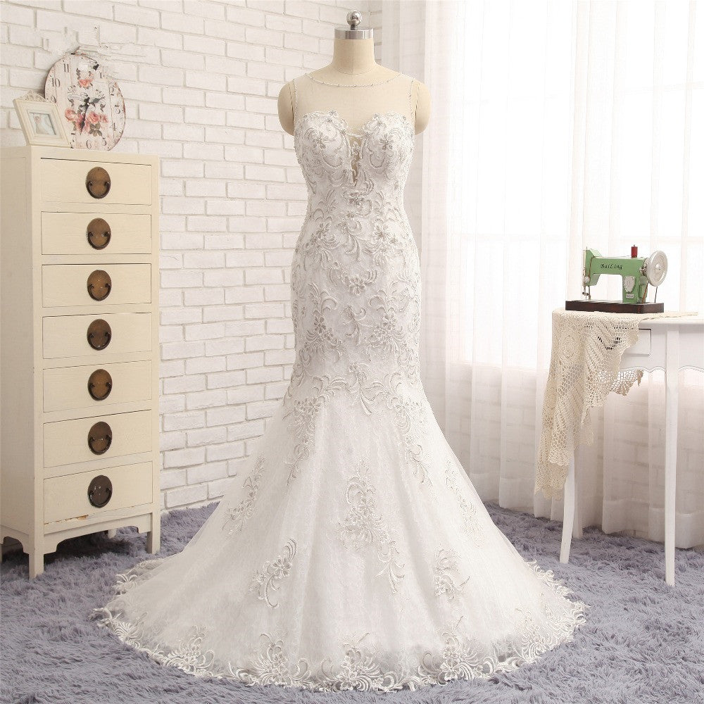 Load image into Gallery viewer, Elegant White Sleeveless Jewel Wedding Dresses With Appliques Mermaid Lace Bridal Gowns Online-27dress
