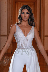 Elegant White Straps V Neck Mermaid Split Prom Dress With Beads