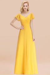 Elegent Short-Sleeve Long Bridesmaid Dress Online Yellow Chiffon Wedding Party Dress-27dress