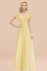 Elegent Short-Sleeve Long Bridesmaid Dress Online Yellow Chiffon Wedding Party Dress-27dress