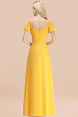 Elegent Short-Sleeve Long Bridesmaid Dress Online Yellow Chiffon Wedding Party Dress-27dress