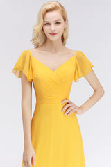 Elegent Short-Sleeve Long Bridesmaid Dress Online Yellow Chiffon Wedding Party Dress-27dress