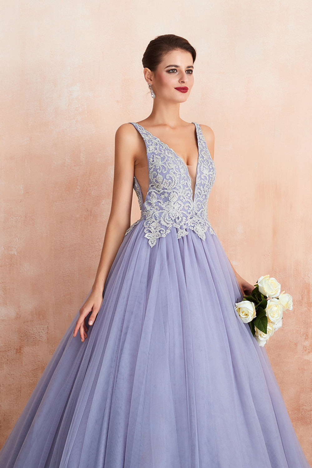 Excellent Long Princess V-neck Sleeveless Tulle Backless Prom Dress-27dress