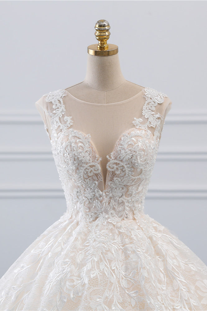 Exquisite Jewel Sleelveless Lace Wedding Dress Ball Gown appliques Bridal Gowns Online-27dress