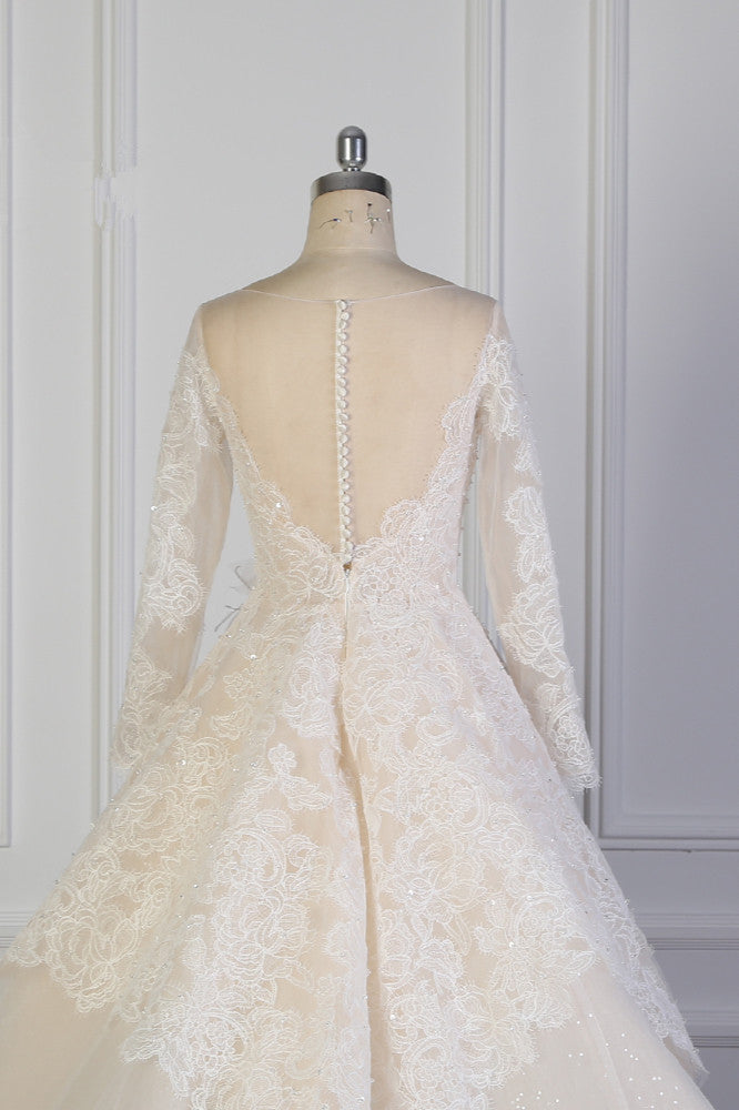 Exquisite Lace Appliques Wedding Dress Tulle Long Sleeves Sequined Bridal Gown On Sale-27dress