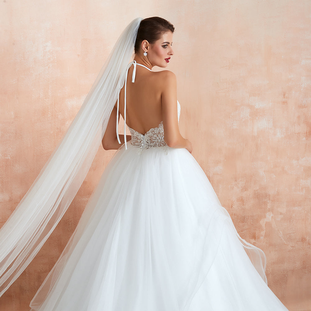 Exquisite Lace Halter Ball Gown White Wedding Dress with Open Back-27dress