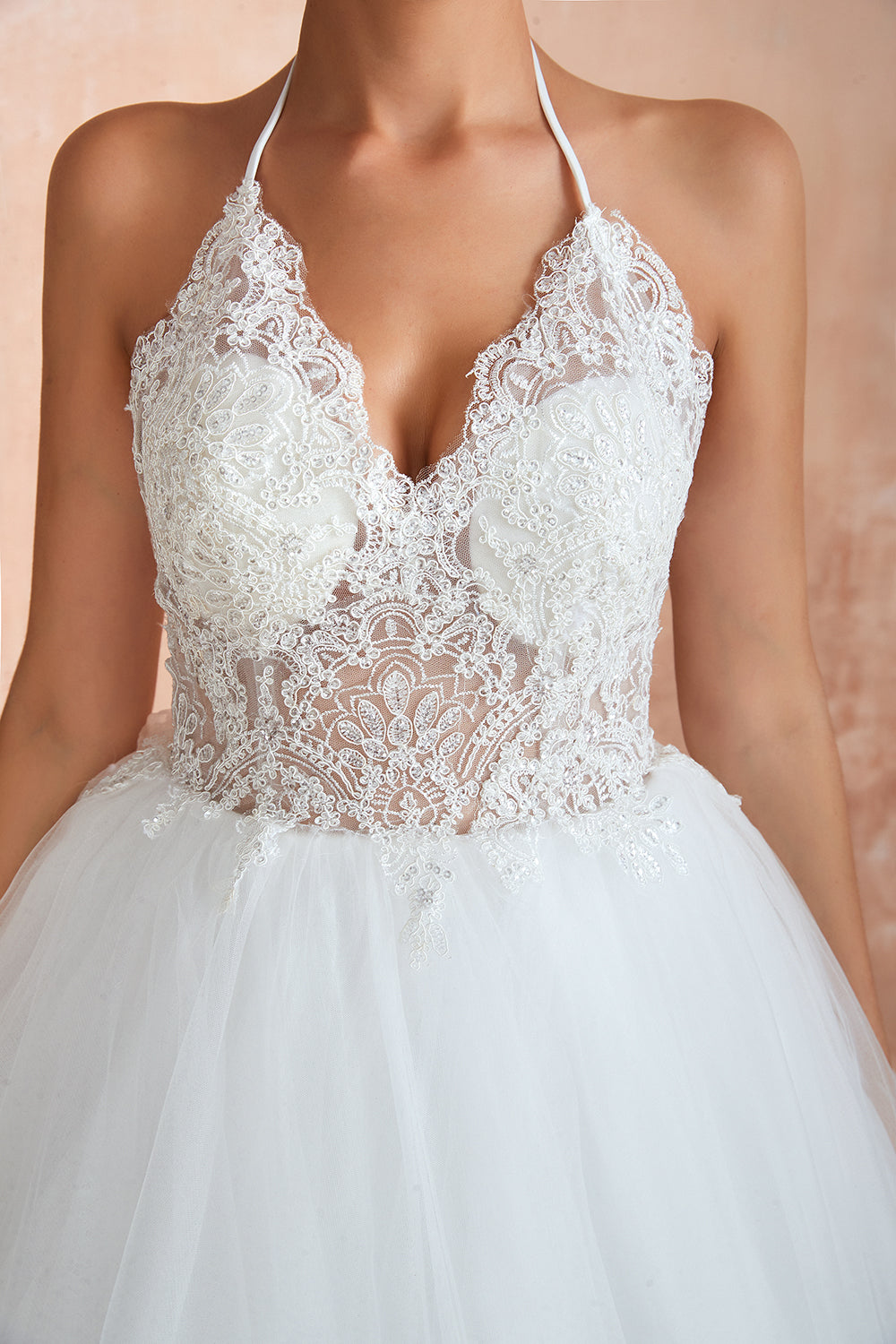 Exquisite Lace Halter Ball Gown White Wedding Dress with Open Back-27dress