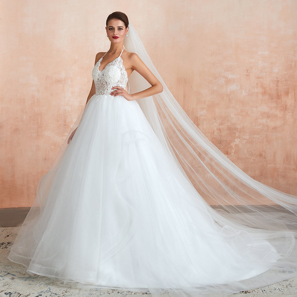 Exquisite Lace Halter Ball Gown White Wedding Dress with Open Back-27dress