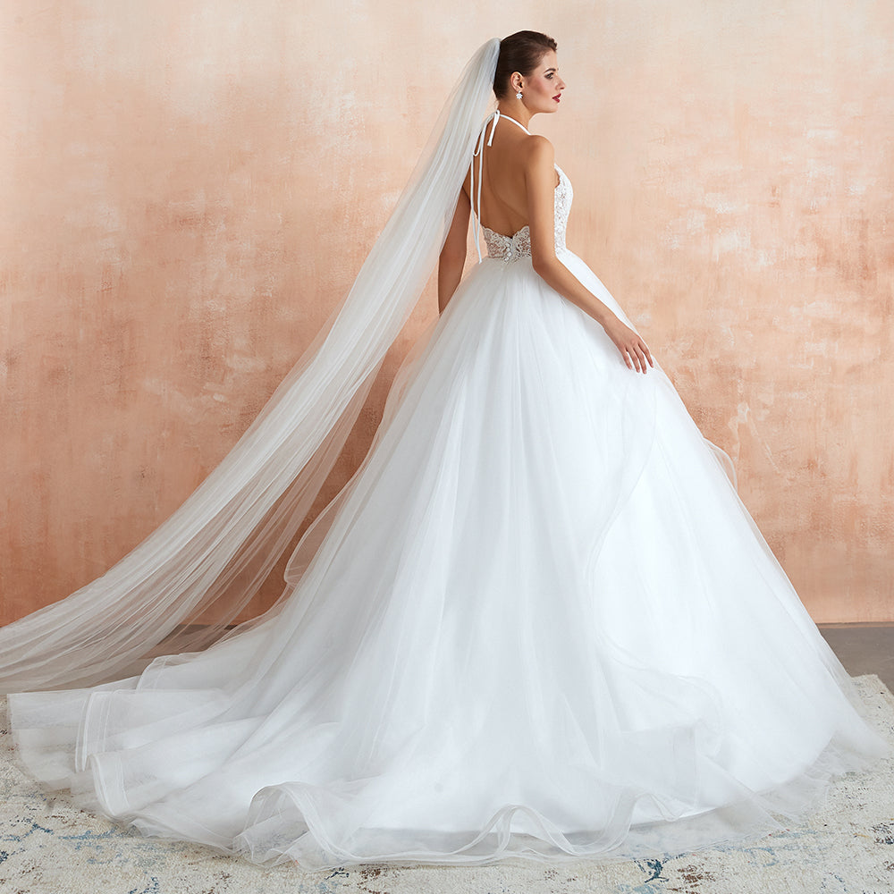 Exquisite Lace Halter Ball Gown White Wedding Dress with Open Back-27dress
