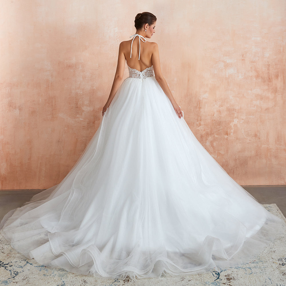 Exquisite Lace Halter Ball Gown White Wedding Dress with Open Back-27dress