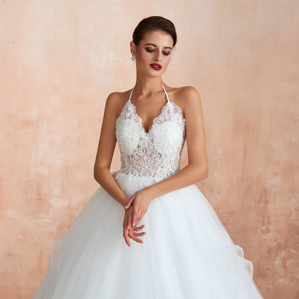 Exquisite Lace Halter Ball Gown White Wedding Dress with Open Back-27dress