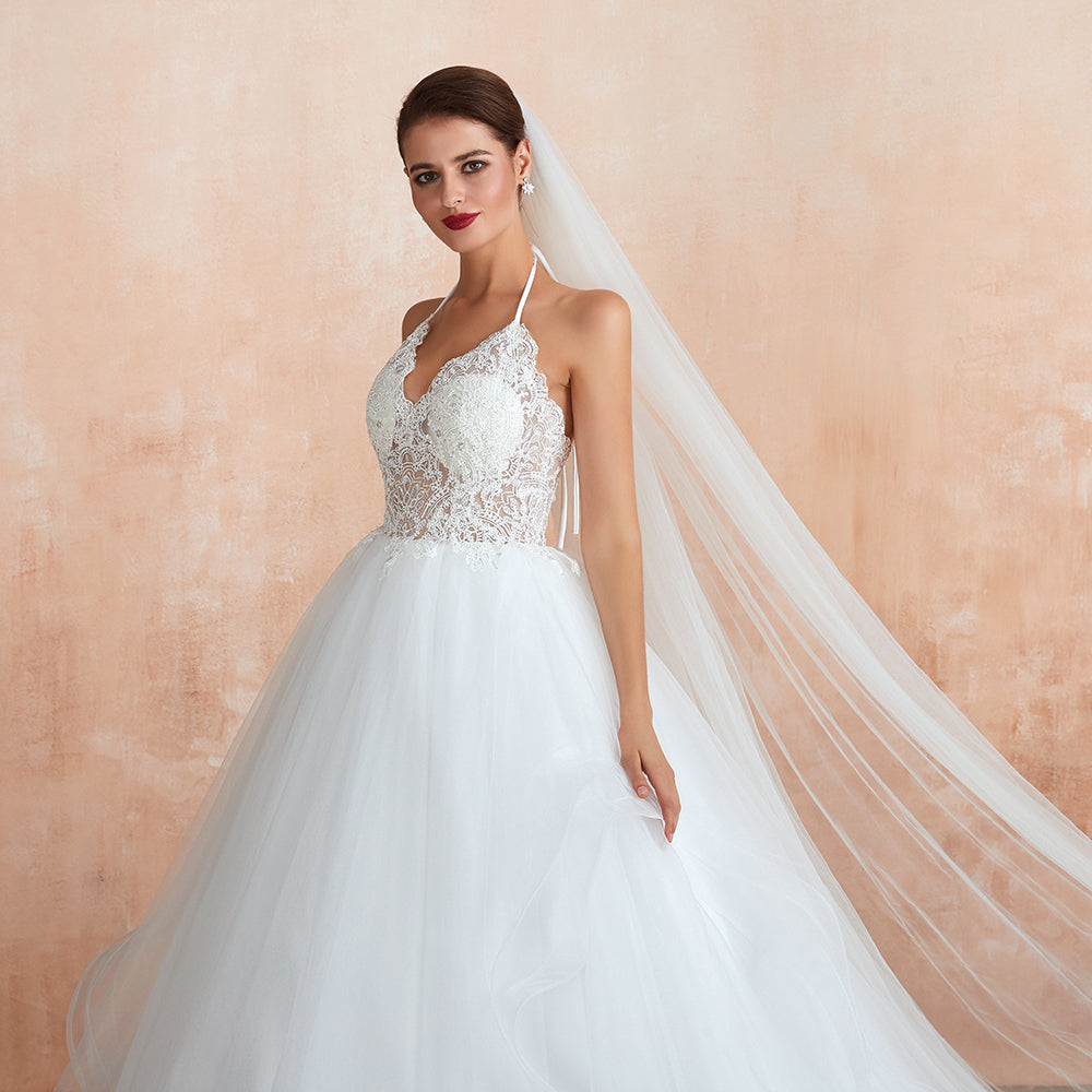 Exquisite Lace Halter Ball Gown White Wedding Dress with Open Back-27dress