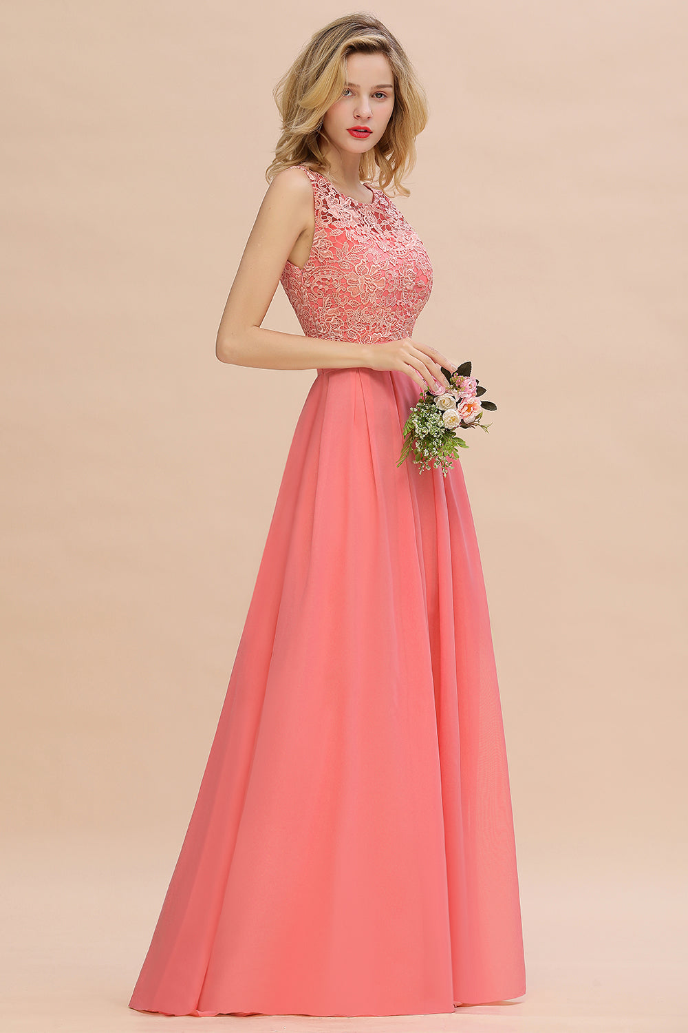 Exquisite Lace Scoop Sleeveless Bridesmaid Dresses Online with Ruffle-27dress