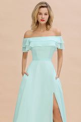 Exquisite Off-the-shoulder Slit Mint Green Bridesmaid Dress With Pockets-27dress