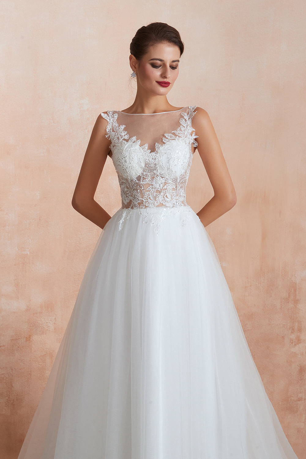 Exquisite Sequins White Tulle Affordable Wedding Dresses with Appliques-27dress