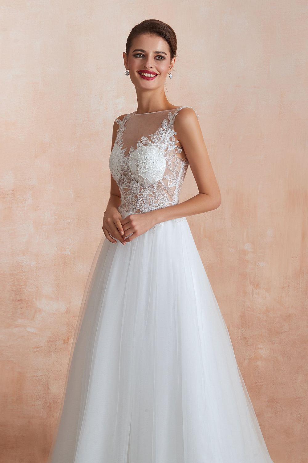 Exquisite Sequins White Tulle Affordable Wedding Dresses with Appliques-27dress