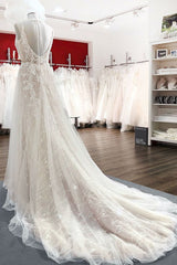 Eye-taking Sleeveless Tulle V Neck Lace A-Line Wedding Dresses-27dress