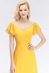 Yellow V-Neck Chiffon A-Line Bridesmaid Dress