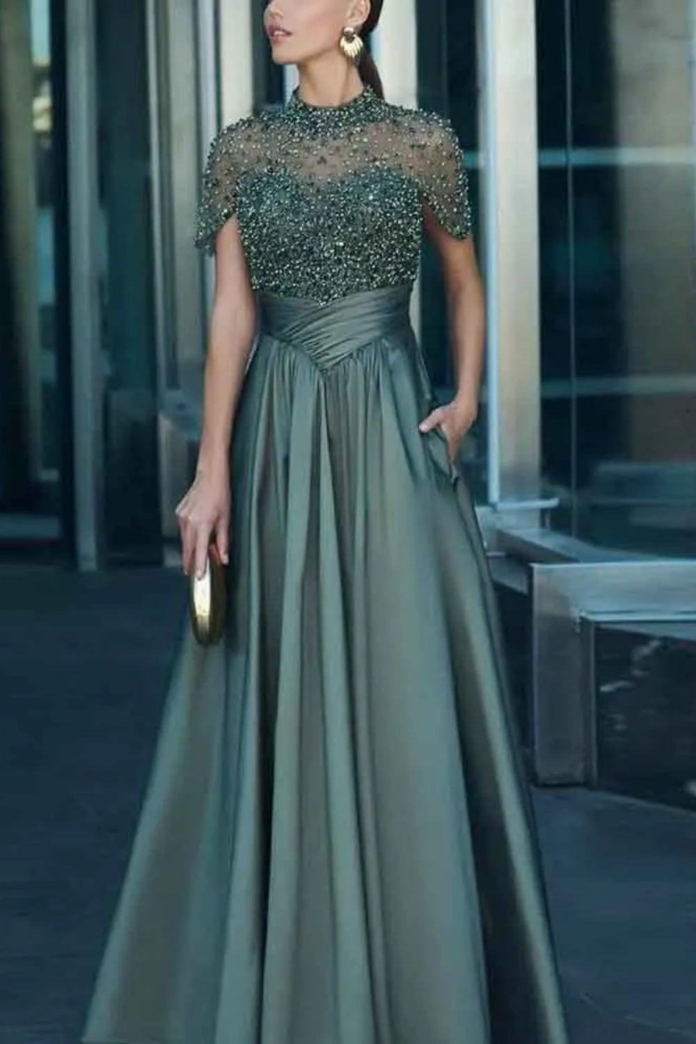 Elegant Beaded  A-line Long Formal Dress with Pockets