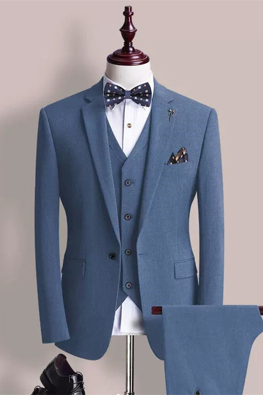 Fancy Three Pieces Notched Lapel Blue Business Suits For Men