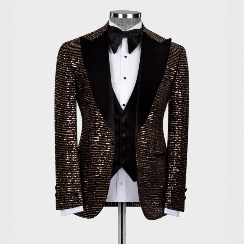 Fancy Sequins Peaked Lapel Three Pieces Brown Prom Suits