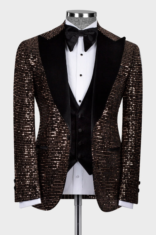 Fancy Sequins Peaked Lapel Three Pieces Brown Prom Suits