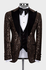 Fancy Sequins Peaked Lapel Three Pieces Brown Prom Suits