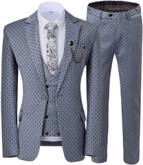 Fancy Notched Lapel Three Pieces Gray Prom Suits With Black Dot