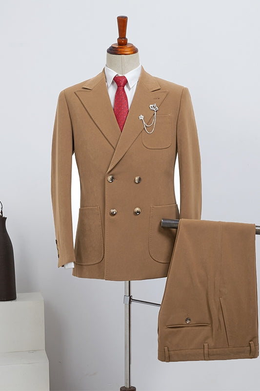Fancy Double Breasted Peaked Lapel Khaki Prom Suits For Men