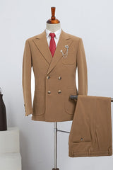 Fancy Double Breasted Peaked Lapel Khaki Prom Suits For Men