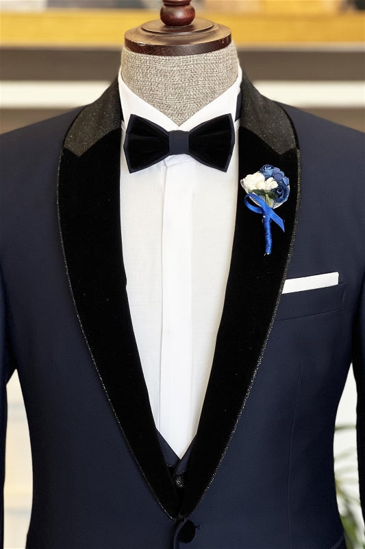 Fancy Navy Blue Peaked Lapel Two Pieces Men Suits For Wedding